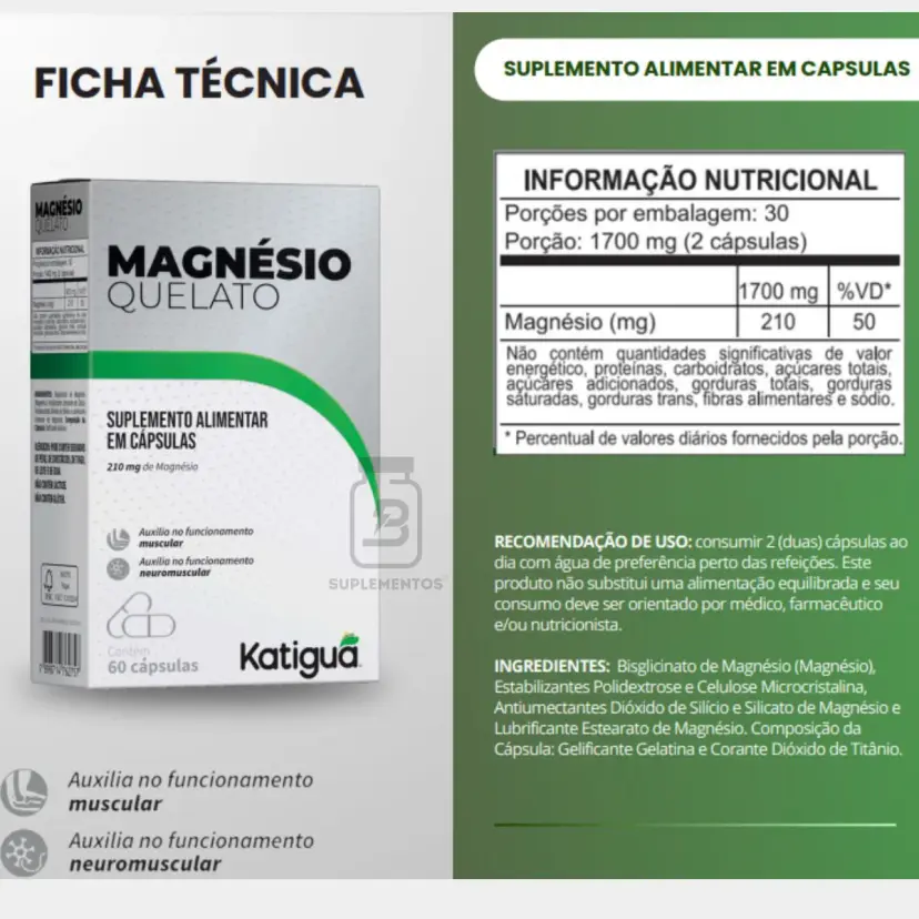 Magnesio Quelato 210Mg 60Caps Katigua - Imagem 2