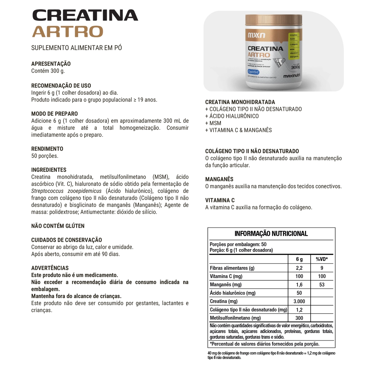 Creatina Artro MXN 300g – Creatina + Colágeno Tipo II + Ácido Hialurônico Maxinutri - Imagem 2