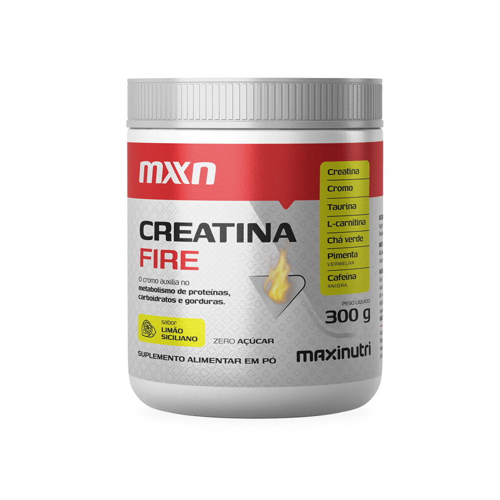Creatina Fire MXN 300g Maxinutri suplemento com cafeína, cromo, taurina e L-carnitina sabor limão siciliano para energia e metabolismo