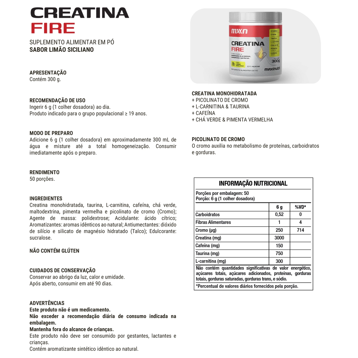 Creatina Fire MXN 300g – Creatina + Cafeína + Termogênicos Maxinutri - Imagem 2