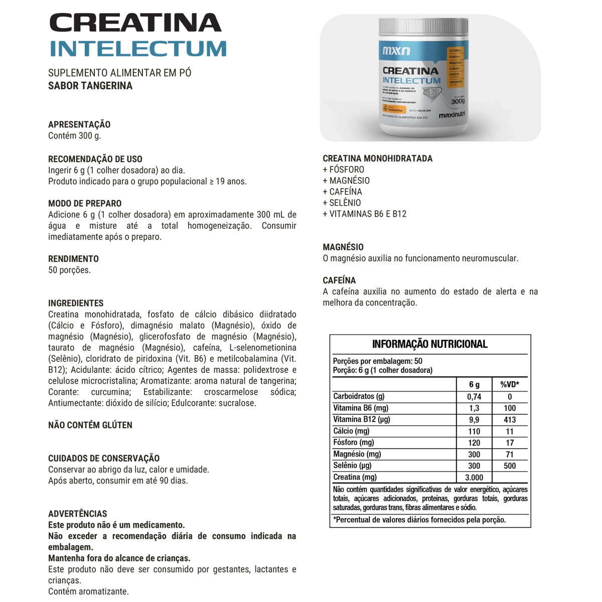 Creatina Intelectum MXN 300g – Creatina + Cafeína + Vitaminas B6 e B12 (Tangerina) - Imagem 2