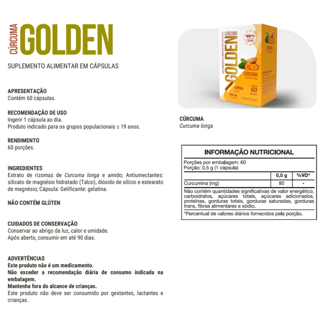 Cúrcuma Golden 60 Cápsulas Maxinutri – Curcuma longa 400mg - Imagem 2