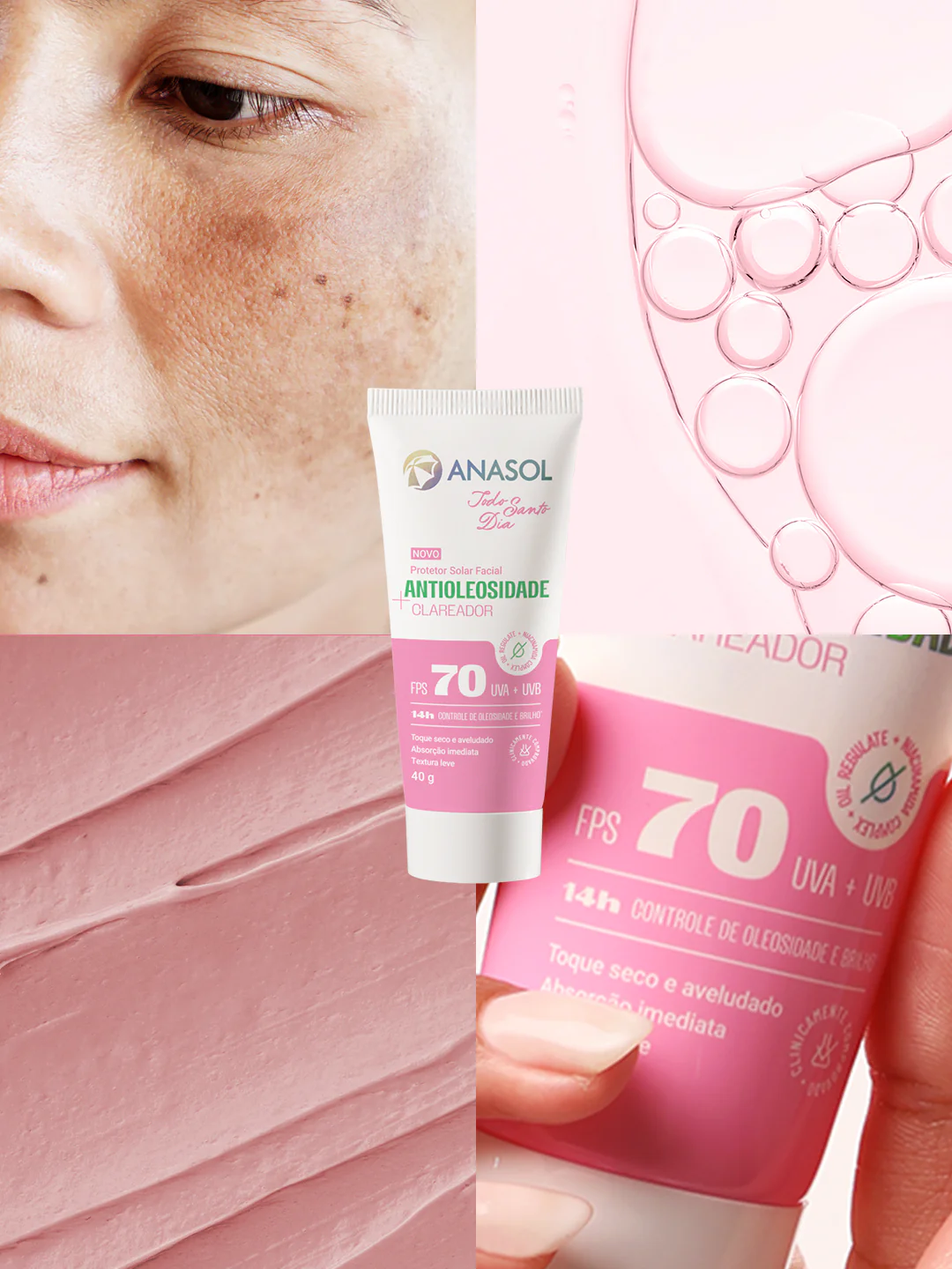 Protetor Solar Facial Anasol Todo Santo Dia Antioleosidade Clareador FPS70 - 40g - Imagem 3