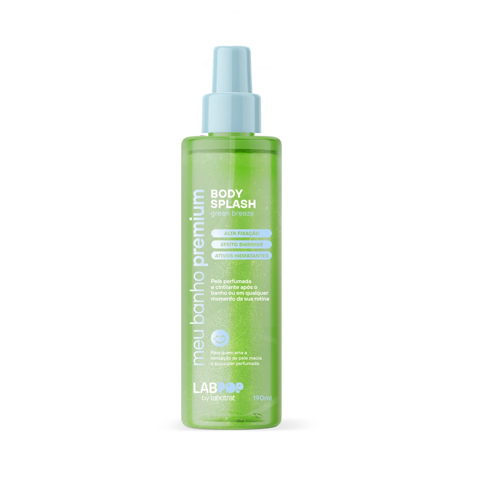 Body Splash Green Breeze Shimmer Labpop by Labotrat 190 ml em frasco verde sobre fundo azul-cla